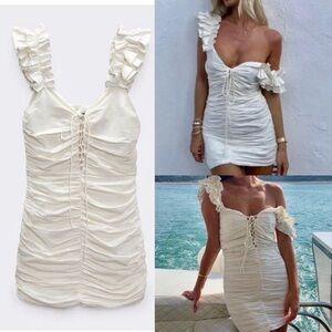 Zara | Dresses | Zara Nwot White Ruffle Sleeve Linen Blend Mini Ruched Dress  Lace Up Tie Detail | Poshmark
